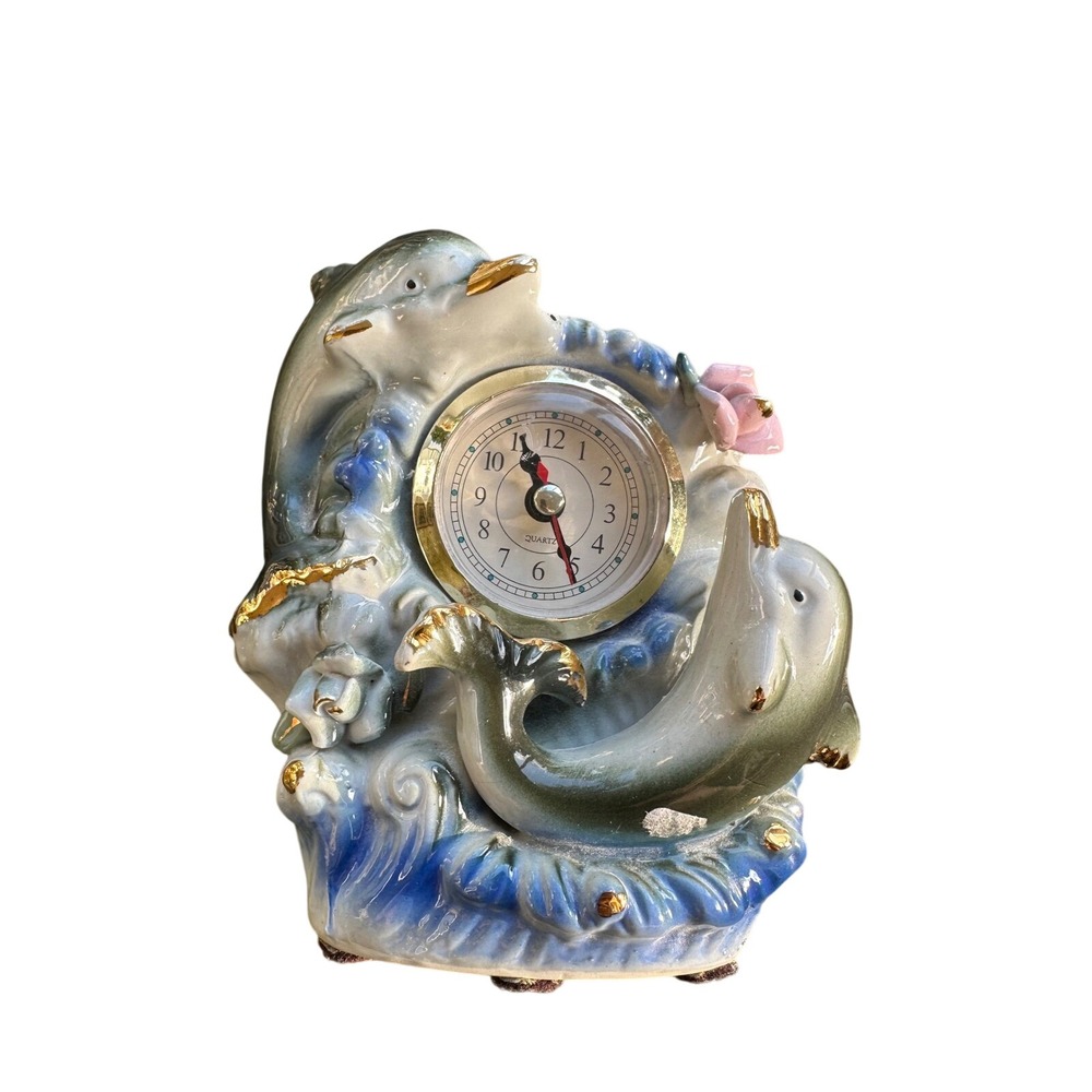 Vintage Ceramic Dolphin Quartz Desk Clock‎ Nautical Ocean Decor Gold Accents 6in